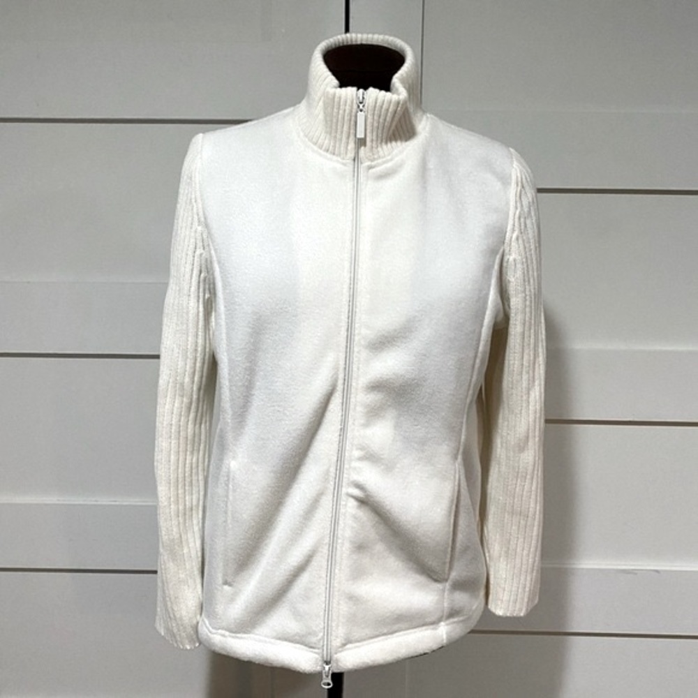By Design Sport Fleece Jacket Knit Ribbed Collar & Arms Cream Size Medium